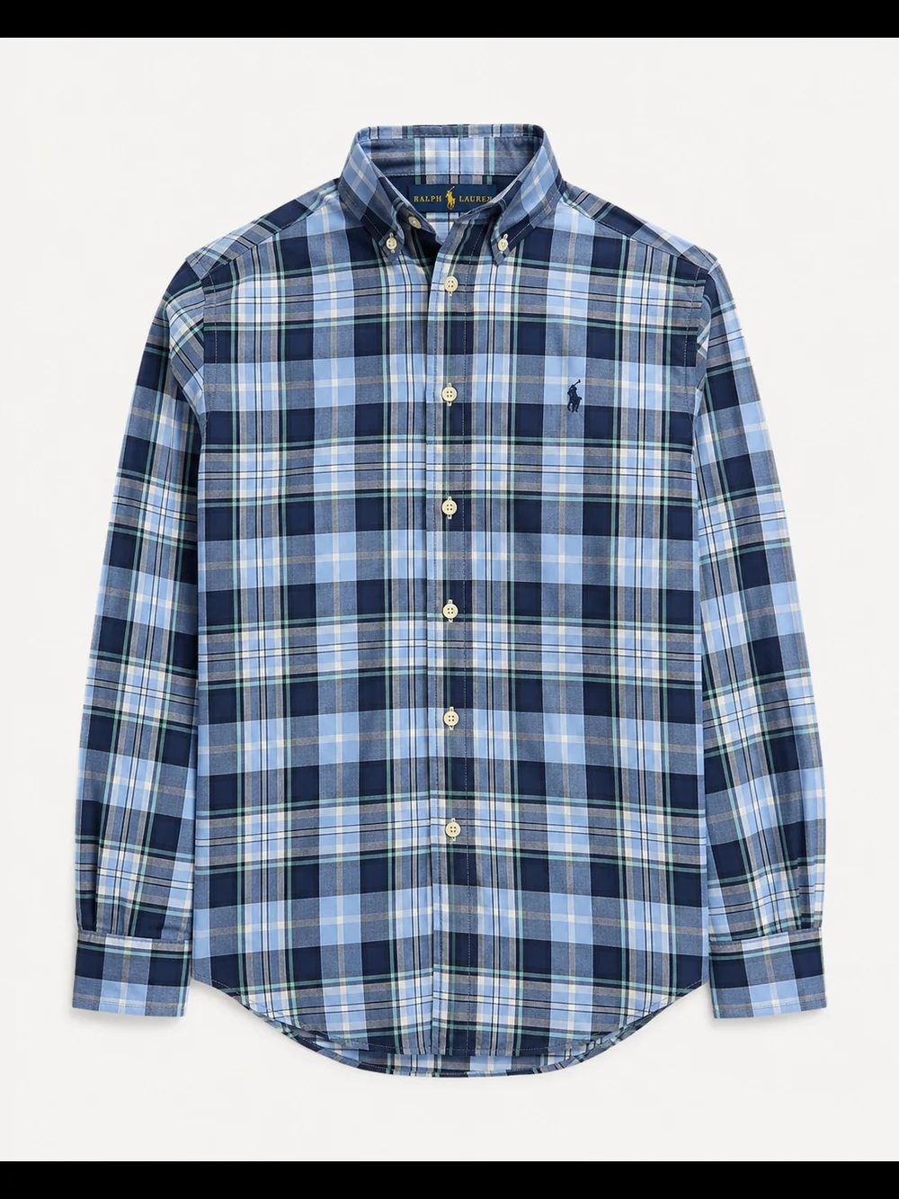 Ralph Lauren Boys L 14-16 Blue Plaid Button Down Shirt 100% Cotton Long Sleeve